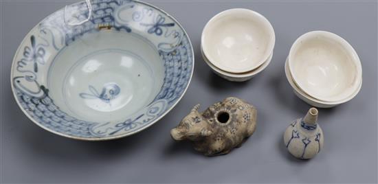 A Chinese Teksing blue and white bowl, an Hoi an hoard miniature vase, four blanc de chine small bowls and a water dropper